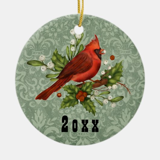 kerstfeestdag in de rode kardinaal voor gevierde keramisch ornament (Voorkant)