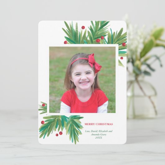 Kerstfeestdag in de Waterverf Pine & Berries Feestdagenkaart (Staand voorkant)