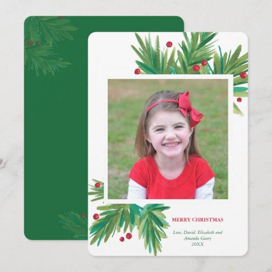 Kerstfeestdag in de Waterverf Pine & Berries Feestdagenkaart (Voorkant / Achterkant)