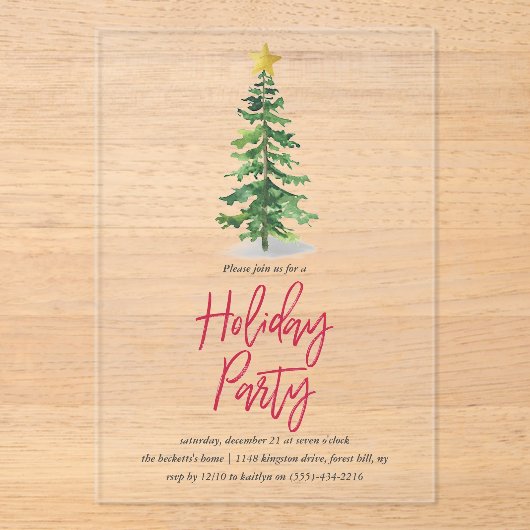 kerstfeestdag in de waterverf Pine Tree Acryl Uitnodigingen (Voorkant)