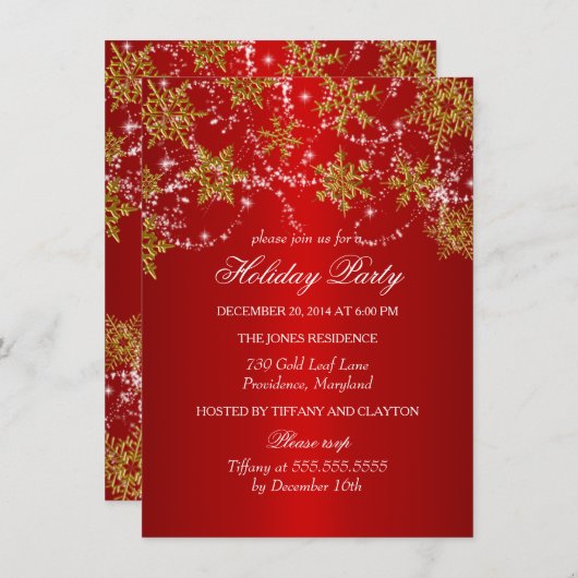 Kerstfeestdag in Gold & Red Snowflake Kaart (Voorkant / Achterkant)