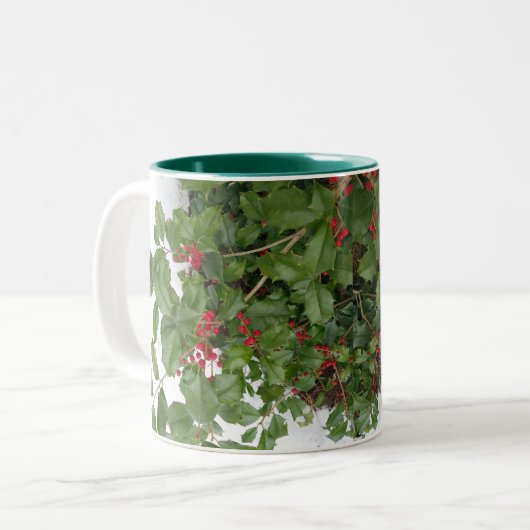 Kerstfeestdag in Holly en Berries Tweekleurige Koffiemok (Voorkant links)