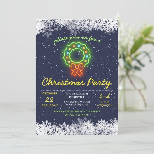 Kerstfeestdag in Navy Blue Neon Snowflake Kaart (Staand voorkant)