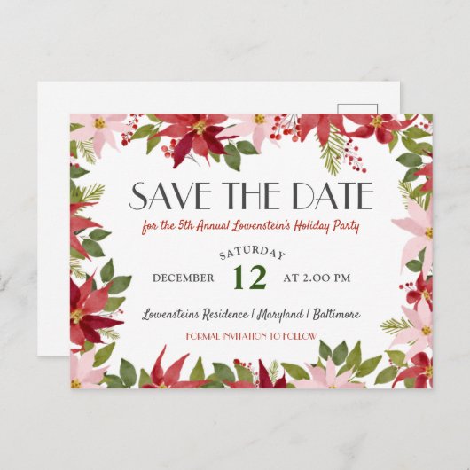 Kerstfeestdag in Poinsettia, behalve datum Aankondigingskaart (Voorkant / Achterkant)
