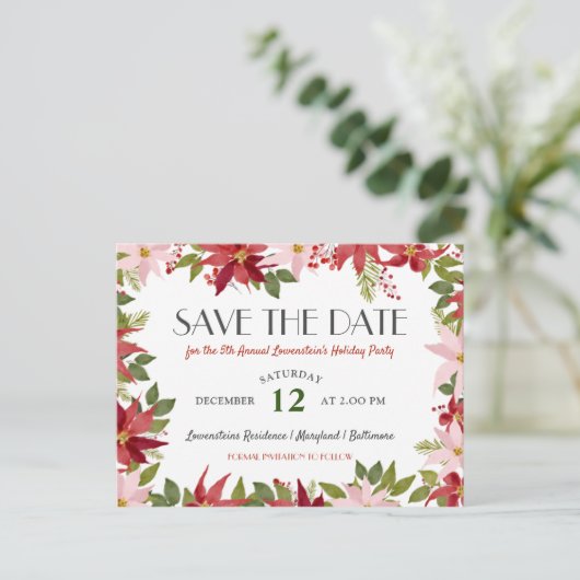 Kerstfeestdag in Poinsettia, behalve datum Aankondigingskaart (Staand voorkant)
