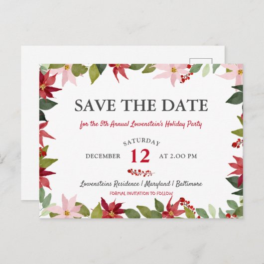 Kerstfeestdag in Poinsettia | Datum opslaan Aankondigingskaart (Voorkant / Achterkant)