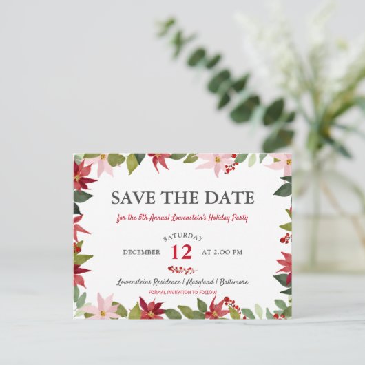 Kerstfeestdag in Poinsettia | Datum opslaan Aankondigingskaart (Staand voorkant)