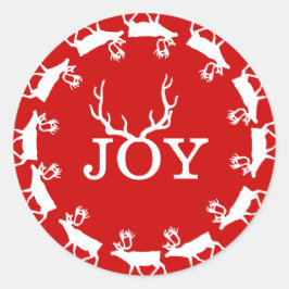 Kerstfeestdag in Red and White Joy Deer Antler Ronde Sticker