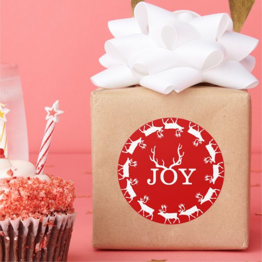 Kerstfeestdag in Red and White Joy Deer Antler Ronde Sticker (Feest)