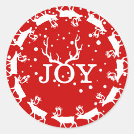 Kerstfeestdag in Red and White Joy Deer Antler Ronde Sticker