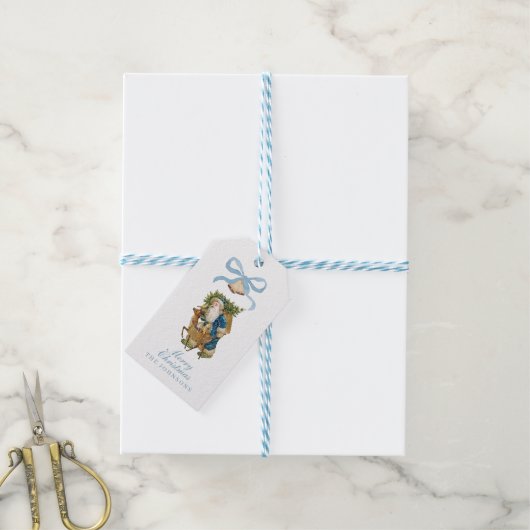 kerstfeestdag in Santa Blue Bow Cadeaulabel (Met Touw)
