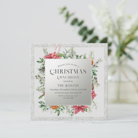 Kerstfeestdag Luncheon Glitter Winter Floral Kaart (Staand voorkant)