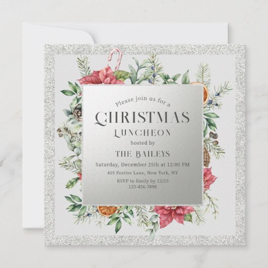 Kerstfeestdag Luncheon Glitter Winter Floral Kaart (Voorkant)