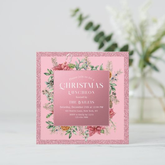 Kerstfeestdag Luncheon Glitter Winter Floral Kaart (Staand voorkant)