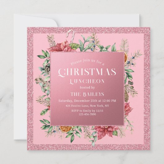 Kerstfeestdag Luncheon Glitter Winter Floral Kaart (Voorkant)