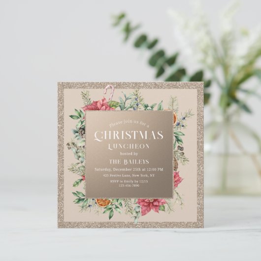 Kerstfeestdag Luncheon Glitter Winter Floral Kaart (Staand voorkant)