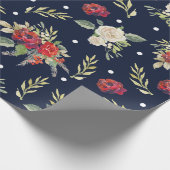 Kerstfeestdag marine Bourgogne Ivory Floral Rozen Cadeaupapier (Hoek)