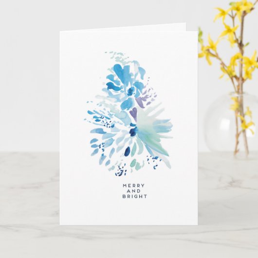 Kerstfeestdag Merry Bright Blue Wattercolor Kaart (Gele Bloem)