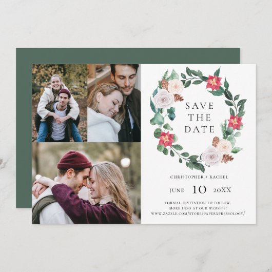 Kerstfeestdag met 3 foto's Bespaar de datum Kaart (Voorkant / Achterkant)