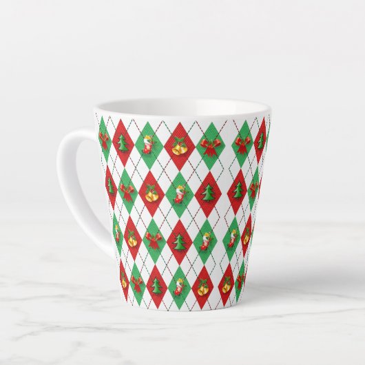 Kerstfeestdag met argyle Pattern Retro Latte Mok (Linkerhoek)