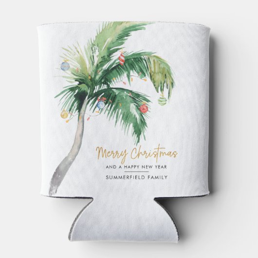 Kerstfeestdag met gedecormeerde palmbomen blikjeskoeler (Achterkant)