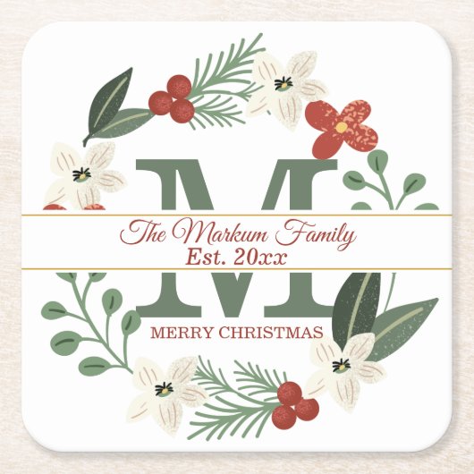 Kerstfeestdag met groot monogram | Naam Kerstmis Kartonnen Onderzetters (Voorkant)