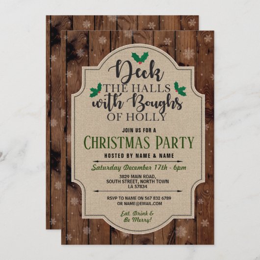 Kerstfeestdag met Holly Burlap Snow Kaart (Voorkant / Achterkant)