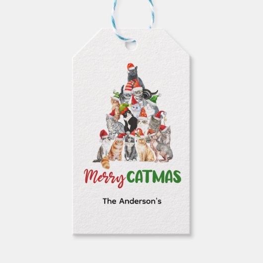 kerstfeestdag met kat kerstboomkat met kerstmis cadeaulabel (Voorkant)