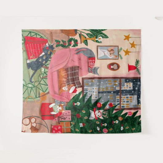 kerstfeestdag met koortsretro katten wandkleed (Voorkant (horizontaal))