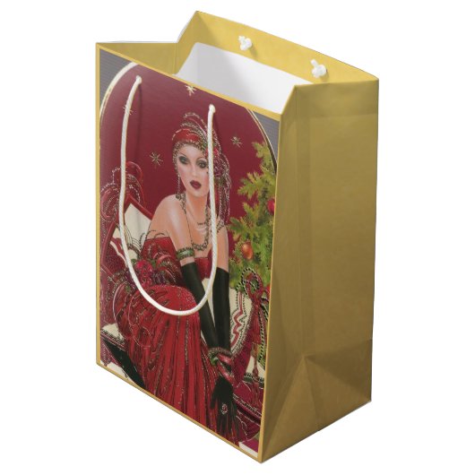  kerstfeestdag met Retro Art Deco Woman Medium Cadeauzakje (Achterkant Gekanteld)