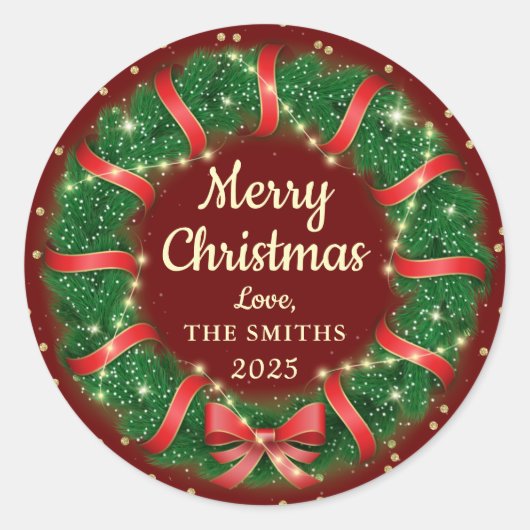 kerstfeestdag met rood lintje Gold Glitter Ronde Sticker (Voorkant)