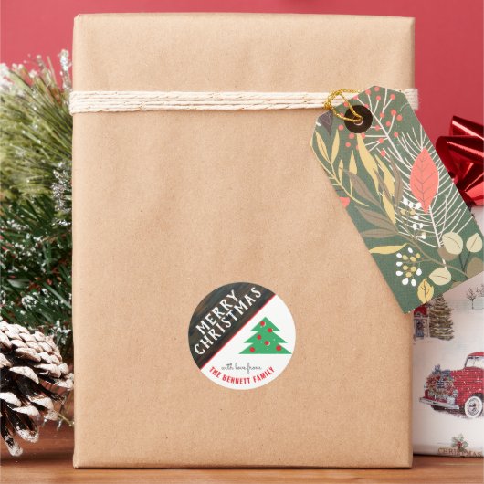 Kerstfeestdag met roodbruine kerstboomkerstfeestda ronde sticker (Feestdagen)