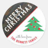 Kerstfeestdag met roodbruine kerstboomkerstfeestda ronde sticker (Voorkant)