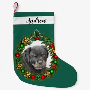 Kerstfeestdag met rottweiler kleine kerstsok
