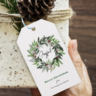 Kerstfeestdag met vrolijk script cadeaulabel