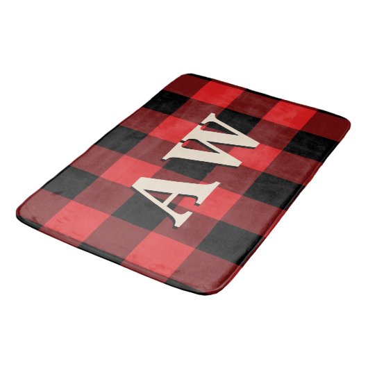 Kerstfeestdag Monogram Red Black Gingham Badmat (Gekanteld)