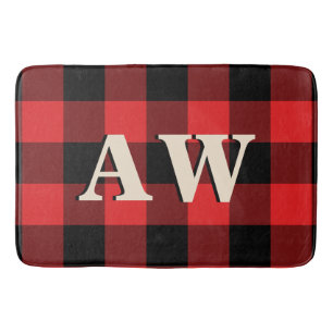Kerstfeestdag Monogram Red Black Gingham Badmat