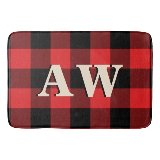 Kerstfeestdag Monogram Red Black Gingham Badmat (Voorkant)