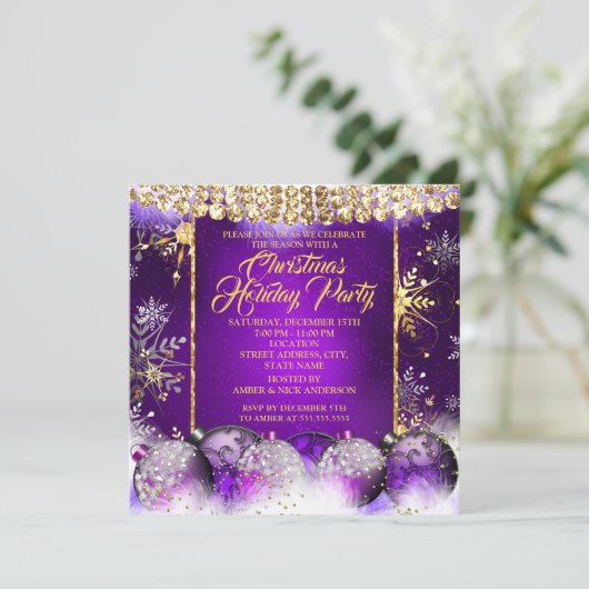 Kerstfeestdag paarse gouden bolsjewieg kaart (Staand voorkant)