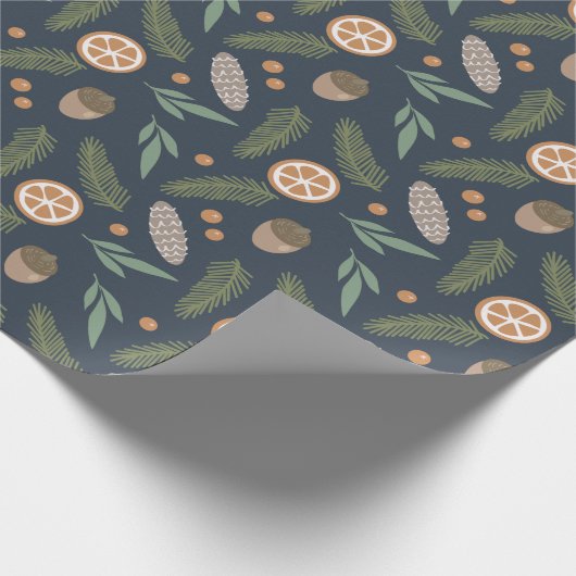 Kerstfeestdag, pine en bakerspatroon, blauw cadeaupapier (Hoek)