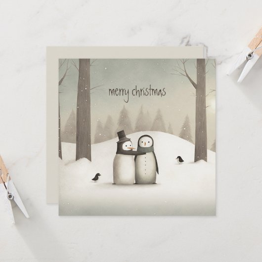 Kerstfeestdag pinguins kaart (Voorkant / Achterkant in situ)