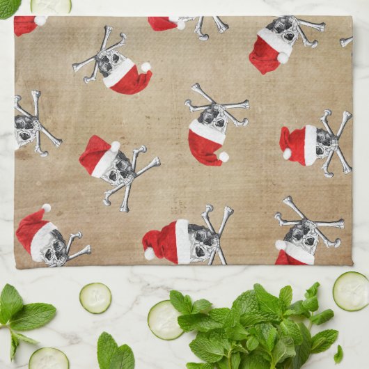 Kerstfeestdag Pirate Skulls op Biege Theedoek (Gevouwen)