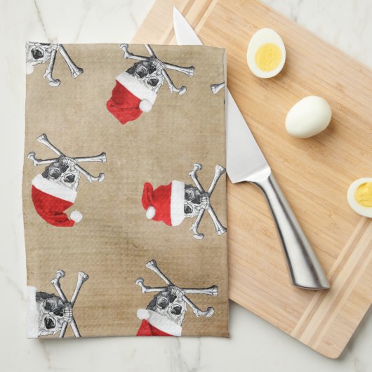 Kerstfeestdag Pirate Skulls op Biege Theedoek (Quarter Fold)