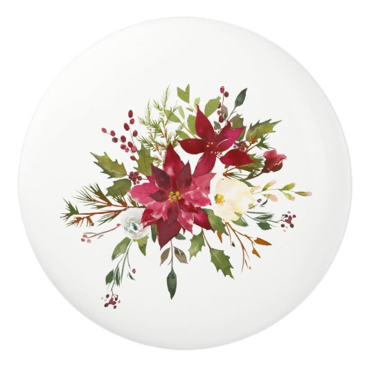 Kerstfeestdag Poinsettia Flower Holly Berry Keramische Knop (Voorkant)