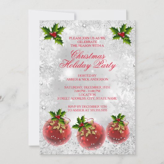 Kerstfeestdag Red Holly Bauble Silver Kaart (Voorkant)