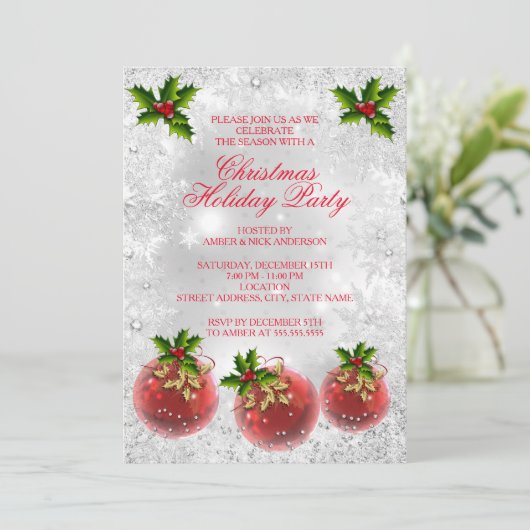 Kerstfeestdag Red Holly Bauble Silver Kaart (Staand voorkant)