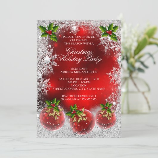 Kerstfeestdag Red Holly Bauble Snowflake Kaart (Staand voorkant)