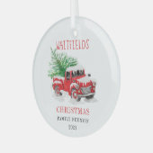 Kerstfeestdag - Reunion Red Truck Tree Glas Ornament (Voorkant links)