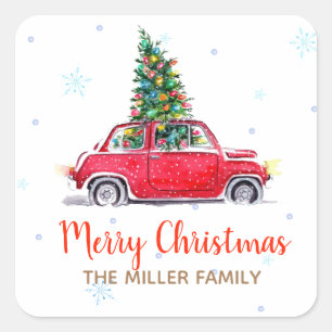 Kerstfeestdag rode auto vierkante sticker