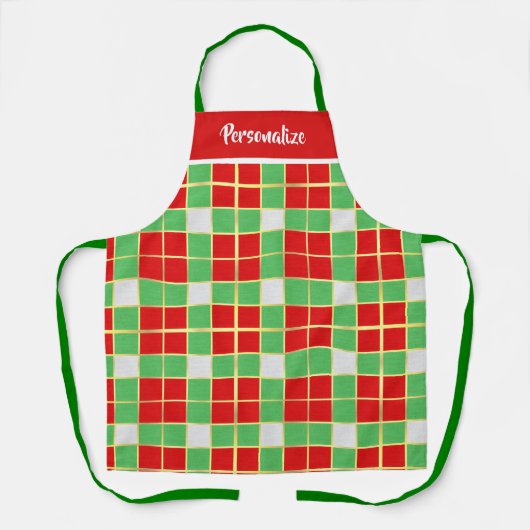 kerstfeestdag rode groene patroongouden trim schort (Voorkant)